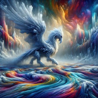 The primary subject of the image is a large, colorful bird with a long tail. The bird is standing on a body of water, which appears to be a mix of water and paint, creating a vibrant and artistic scene. The visual style of the image is digital art, as it is a computer-generated representation of the bird and its surroundings. The colors and mood of the image are lively and energetic, with the bird's white feathers contrasting against the vividly colored water and